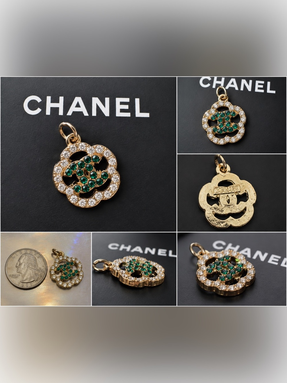 Authentic Chanel Camellia CC Crystal Charm Pendant Green & Clear Rhinestones